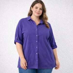 Woman Within Purple Knit Button Front Top Women's 2X Roll Tab Sleeve Casual